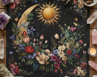Sun and Moon Altar Cloth, Celestial Floral Witch Decoration, Dark Botanical Tarot Cloth, Pagan Wiccan Ritual Decor, Witchy Table Cover