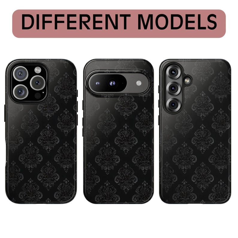 Black Damask Gothic Phone Case, Monochrome Baroque Protective Cover, iPhone 18 17 16 15 14 13 12 11 Pro Max, Pixel, Magsafe Bild 4