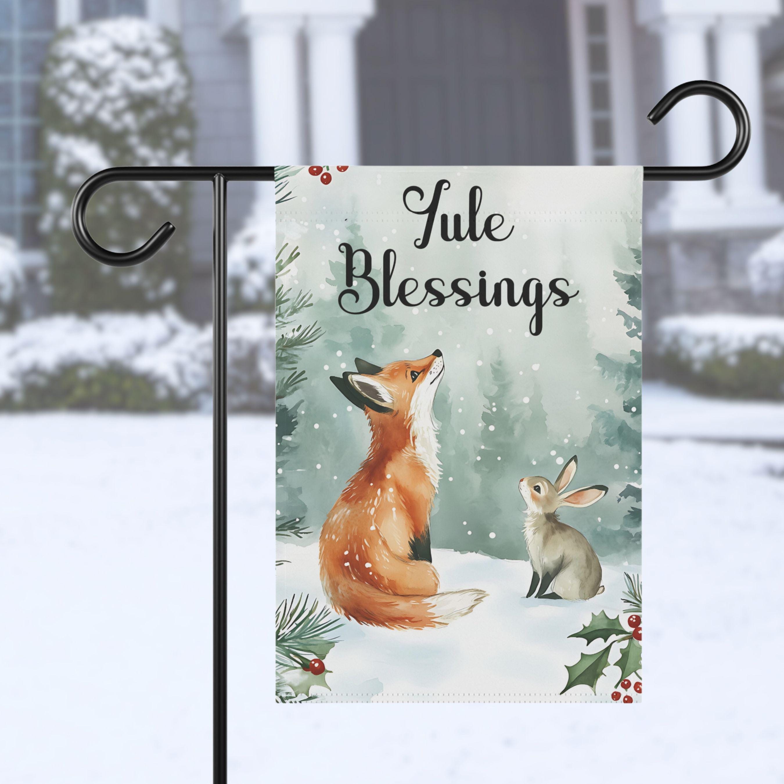 Yule Blessings Yard Flag, Fox and Rabbit House Banner, Winter Solstice Wheel of the Year Lawn Decoration, Pagan Garden Decor, Wiccan Gift