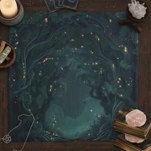 May include: A dark green tarot mat featuring a mystical forest scene with glowing lights. The mat is surrounded by a candle, crystals, tarot cards, and other spiritual items. The overall theme is mystical and magical.