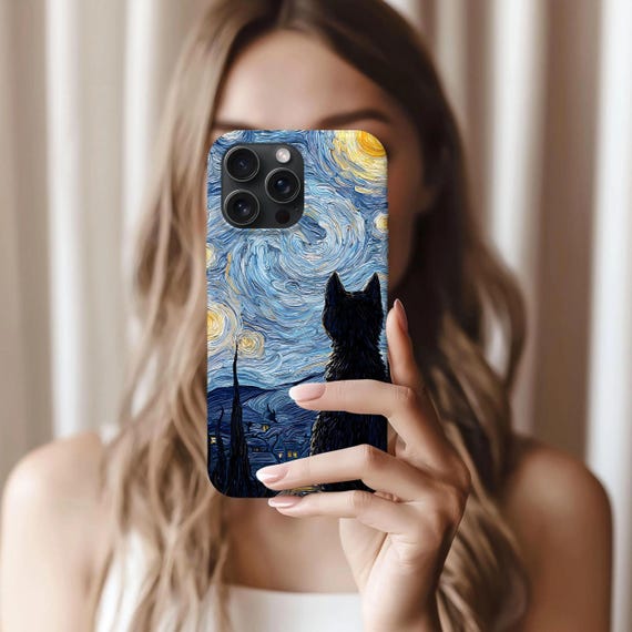 Starry Night Cat Phone Case, Whimsical Design Protective Cover,  iPhone 17 16 15 14 13 12 11 Pro Max, Pixel, Magsafe