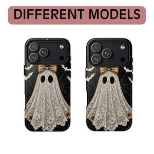 Funda para teléfono con diseño de fantasma de encaje, elegante funda gótica de Halloween, para iPhone 18 17 16 15 14 13 12 11 Pro Max, Pixel y MagSafe. imagen 5