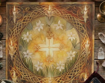 Imbolc Altar Cloth, Celtic Cross Candle Design, Brigid Sabbat Altar Decor, Wheel of the Year Witchy Table Cloth, Wiccan Gift