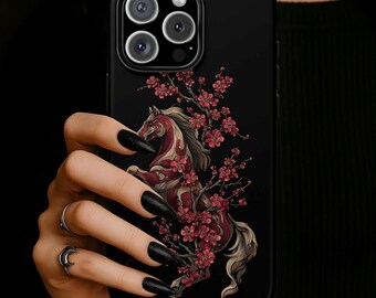 Red Blossom Horse Phone Case, Elegant Stallion Protective Cover, iPhone 17 16 15 14 13 12 11 Pro Max, Pixel, Magsafe