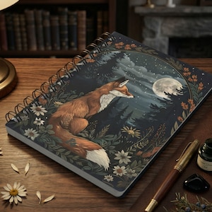 Personalized Red Fox Journal, Custom Nature Notebook, Moon Lovers Diary, Gift for Writers, Forest Themed Self-Reflection Gift