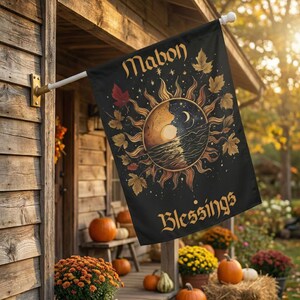 Mabon Garden Flag, Sun and Moon Fall Equinox Design, Pagan Sabbat Decor, Wiccan Autumn Outdoor Flag, Witchy Harvest Banner image 2