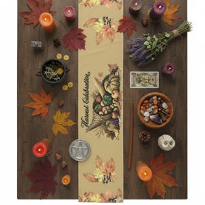 Mabon Table Runner with Cornucopia and Leaves, Fall Equinox Altar Decor, Harvest Sabbat Celebration Centerpiece Decoration