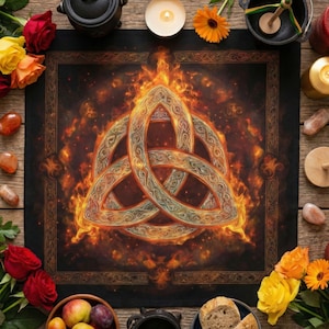 May include: A black square tapestry featuring a Celtic knot design in shades of gold and green, surrounded by flames. The tapestry has a decorative border and is set against a dark background. Flowers, candles, and other items surround the tapestry.
