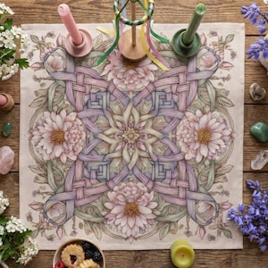 May include: A floral-themed table runner with a central mandala design in pastel colors. The design features interwoven ribbons, flowers, and leaves. The scene includes candles, a small wooden maypole, and a bowl of cookies, all arranged on a wooden surface.
