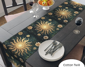 Litha Sun Table Runner,  Midsummer Solstice Decor, Boho Sunflower Altar Cloth, Witchy Summer Table Decor, Cotton Twill Runner