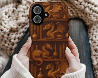 Fantasy Dragon Tough Phone Case, Medieval Bookshelf Protective Case, iPhone 17 16 15 14 13 12 11 Pro Max, Pixel, Magsafe