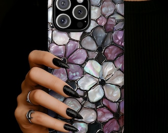 Stained Glass Flower Phone Case, Purple Floral Protective Cover, iPhone 17 16 15 14 13 12 11 Pro Max, Pixel, Magsafe