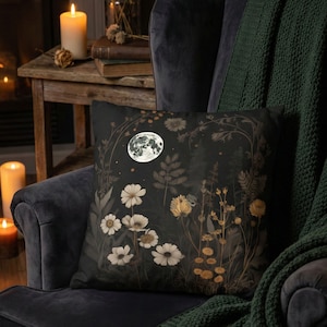 Dark Botanical Pillow Cover, Floral Celestial Cozy Cushion, Witch Boho Decor, Floral Full Moon Bed Accent