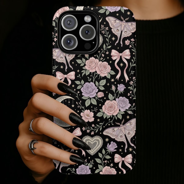 Étui pour portable avec noeud floral gothique, coque de protection Coquette Moth Rose, iPhone 17 16 15 14 13 12 11 Pro Max, Pixel, Magsafe