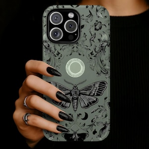 Gothic Moth Moon Phone Case, Witchy Green Protective Cover, iPhone 17 16 15 14 13 12 11 Pro Max, Pixel, Magsafe