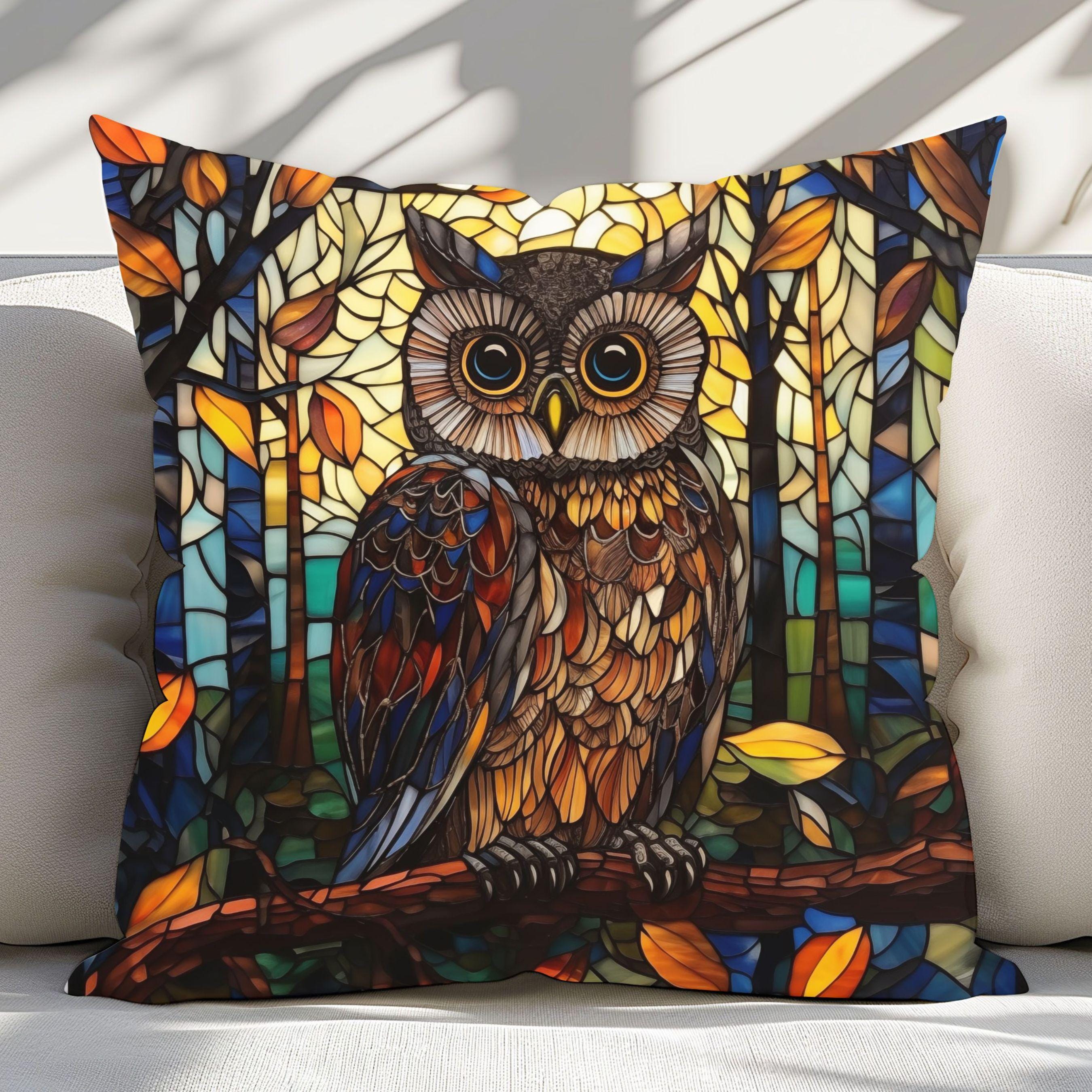 Stained Glass Owl Throw Pillow, Autumn Nature Decor, Vibrant Forest Cushion, Faux Suede Decorative P