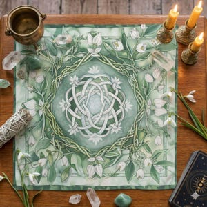 Imbolc Altar Cloth, Celtic Knot Snowdrop Design, Brigid Spring Ritual Cloth, Witchy Wheel of the Year Decor, Wiccan Gift