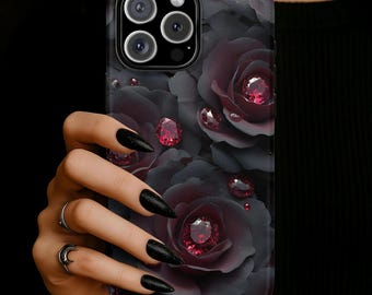 Gothic Black Rose Phone Case, Dark Floral and Gemstone Cover, iPhone 17 16 15 14 13 12 11 Pro Max, Pixel, Magsafe