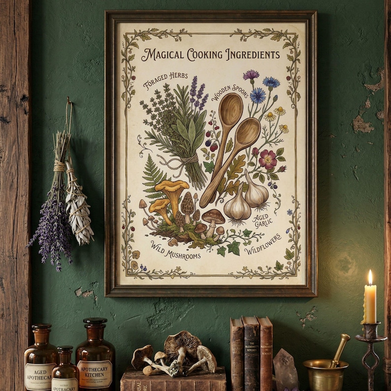 Vintage-style poster featuring labeled magical cooking ingredients including foraged herbs, wooden spoons, wild mushrooms, aged garlic, and wildflowers with an ornate botanical border.