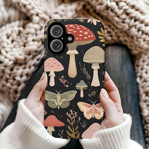 Whimsical Mushroom Moth Phone Case, Cottagecore Forest Fungi Cover,  iPhone 17 16 15 14 13 12 11 Pro Max, Pixel, Magsafe