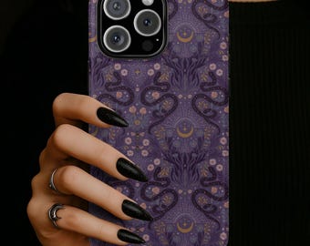 Purple Snake Moon Phone Case, Witchy Floral Protective Cover, iPhone 17 16 15 14 13 12 11 Pro Max, Pixel, Magsafe