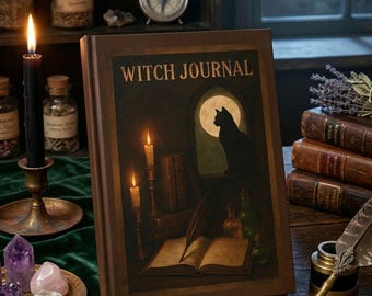 Personalized Witch Hardcover Journal with Black Cat, Vintage Spell Book, Gothic Grimoire, Witchcraft Gift