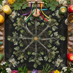 May include: A black altar cloth with a tree of life design, surrounded by candles, crystals, and flowers. A wooden maypole with colorful ribbons sits atop the cloth. The design features a central circular pattern with tree branches and leaves.