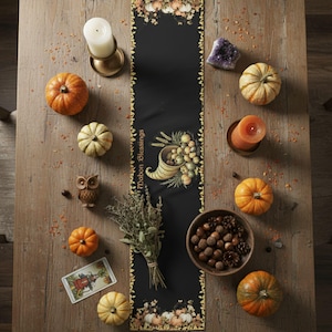 Mabon Table Runner with Cornucopia and Leaves, Fall Equinox Altar Decor, Harvest Sabbat Celebration Centerpiece Decoration