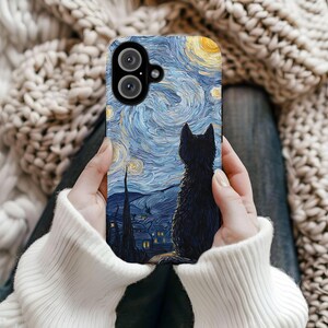 Starry Night Cat Phone Case, Whimsical Design Protective Cover, iPhone 17 16 15 14 13 12 11 Pro Max, Pixel, Magsafe image 2