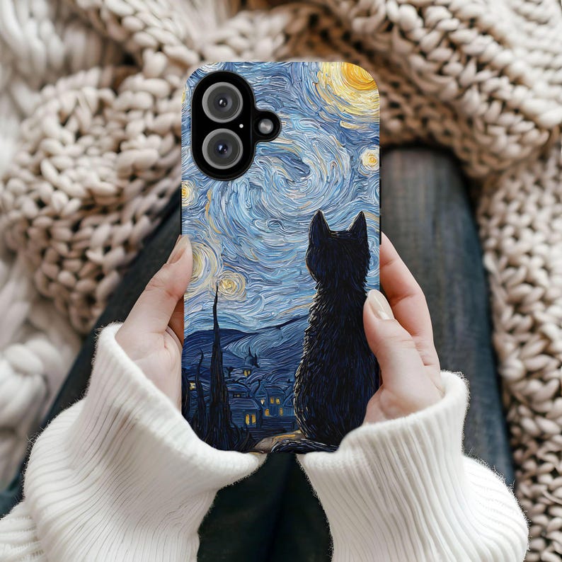 Starry Night Cat Phone Case, Whimsical Design Protective Cover, iPhone 17 16 15 14 13 12 11 Pro Max, Pixel, Magsafe image 2