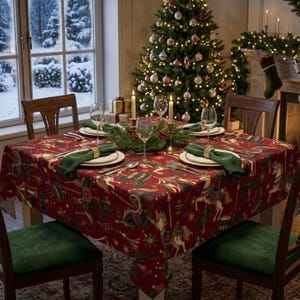 May include: A square tablecloth with a deep red background featuring a repeating pattern of carousel horses, drums, and stars. The table is set with white plates, green cloth napkins, gold napkin rings, clear wine glasses, and tall candles.