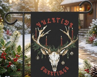 Yule Garden Flag, Antler Skull Yard Decoration, Winter Solstice Decor, Pagan Sabbat Yuletide Outdoor Banner, Wiccan Gift
