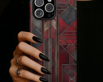Red and Black Art Deco Phone Case, Geometric Vintage Cover, iPhone 17 16 15 14 13 12 11 Pro Max, Pixel, Magsafe
