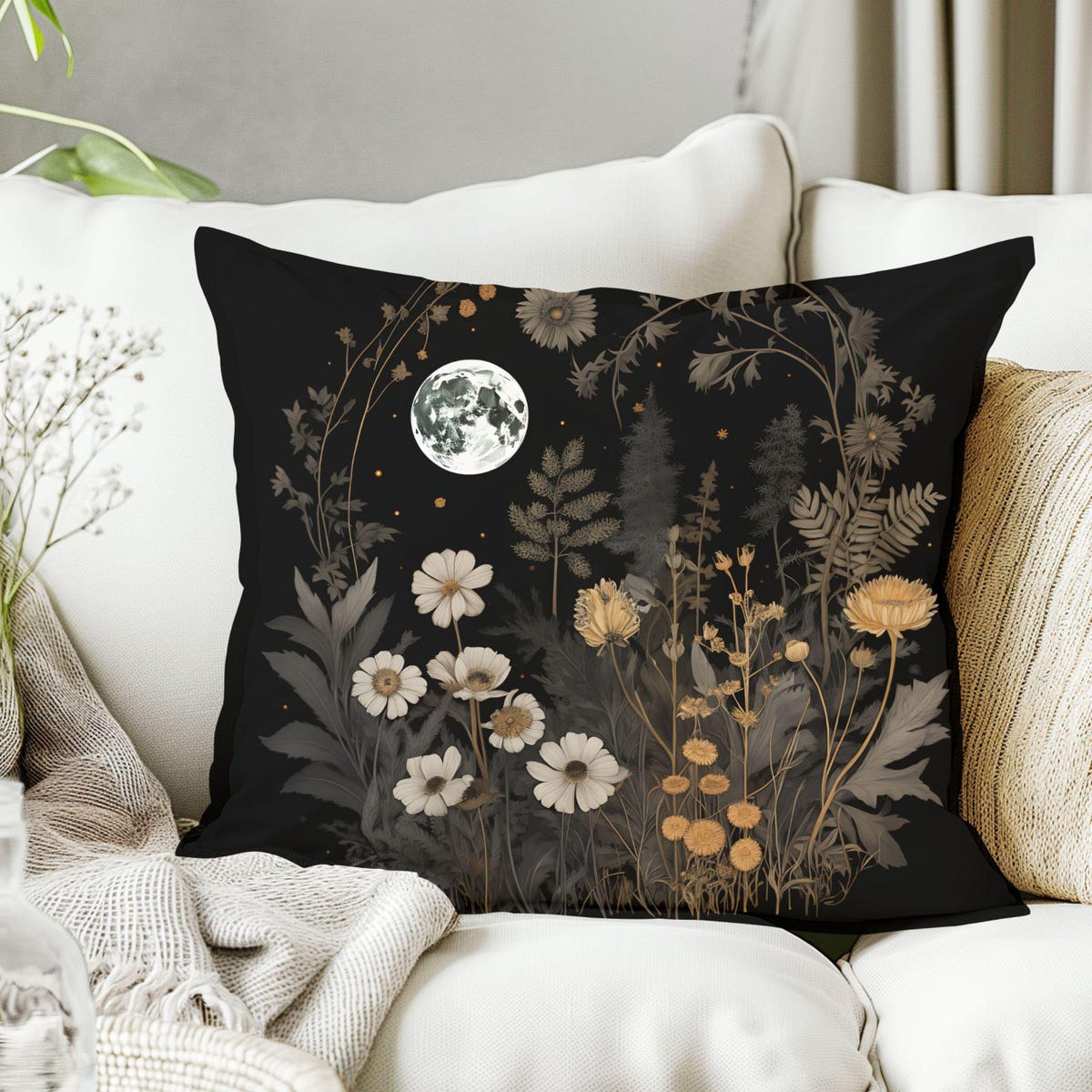 Dark Botanical Faux Suede Pillow, Floral Celestial Cozy Couch Cushion, Witch Boho Decor, Floral Full Moon Bed Accent, Perfect Gift for Fall - Etsy