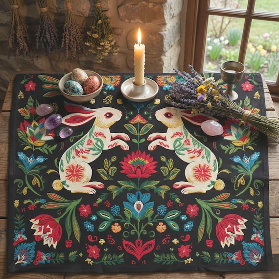 Ostara Altar Cloth, Spring Equinox Rabbit Pagan Ritual Decor