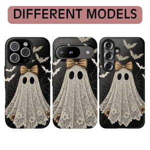 Funda para teléfono con diseño de fantasma de encaje, elegante funda gótica de Halloween, para iPhone 18 17 16 15 14 13 12 11 Pro Max, Pixel y MagSafe. imagen 4