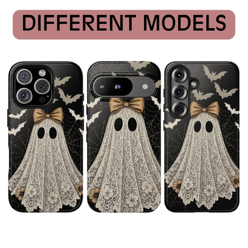 Funda para teléfono con diseño de fantasma de encaje, elegante funda gótica de Halloween, para iPhone 18 17 16 15 14 13 12 11 Pro Max, Pixel y MagSafe. imagen 4