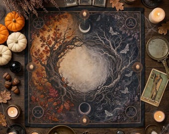 Puede incluir: Un mantel de altar cuadrado de 25,4 cm por 25,4 cm, con un diseño circular de un árbol que transita de hojas otoñales a ramas invernales desnudas, con fases lunares, polillas y símbolos en las esquinas sobre un fondo oscuro.