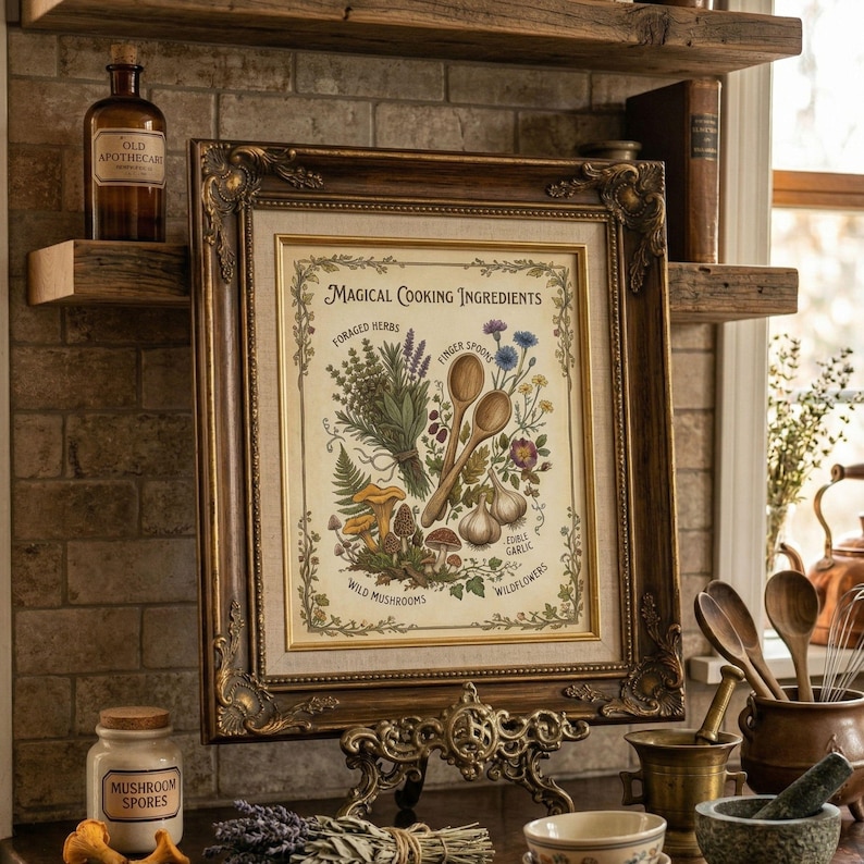 May include: A framed print titled Magical Cooking Ingredients featuring illustrations of herbs, wooden spoons, garlic, and mushrooms. The ornate gold frame surrounds the cream-colored artwork, which is displayed on a stand with other kitchen items.