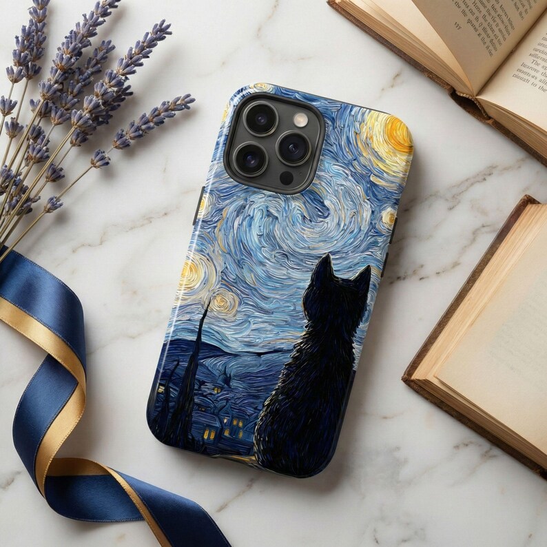Starry Night Cat Phone Case, Whimsical Design Protective Cover, iPhone 17 16 15 14 13 12 11 Pro Max, Pixel, Magsafe image 3