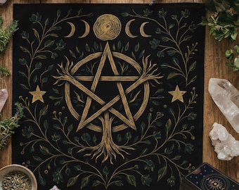 Forest Pentacle Altar Cloth, Tree of Life and Moon Phases Tapestry, Witchy Pagan Decor, Wiccan Ritual Cloth for Witchcraft and Meditation