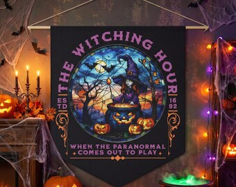 Witchy Vibes Pennant Banner, Spooky Witch Decor, Stained Glass Style Wall Art, Halloween Witches Cauldron Decoration