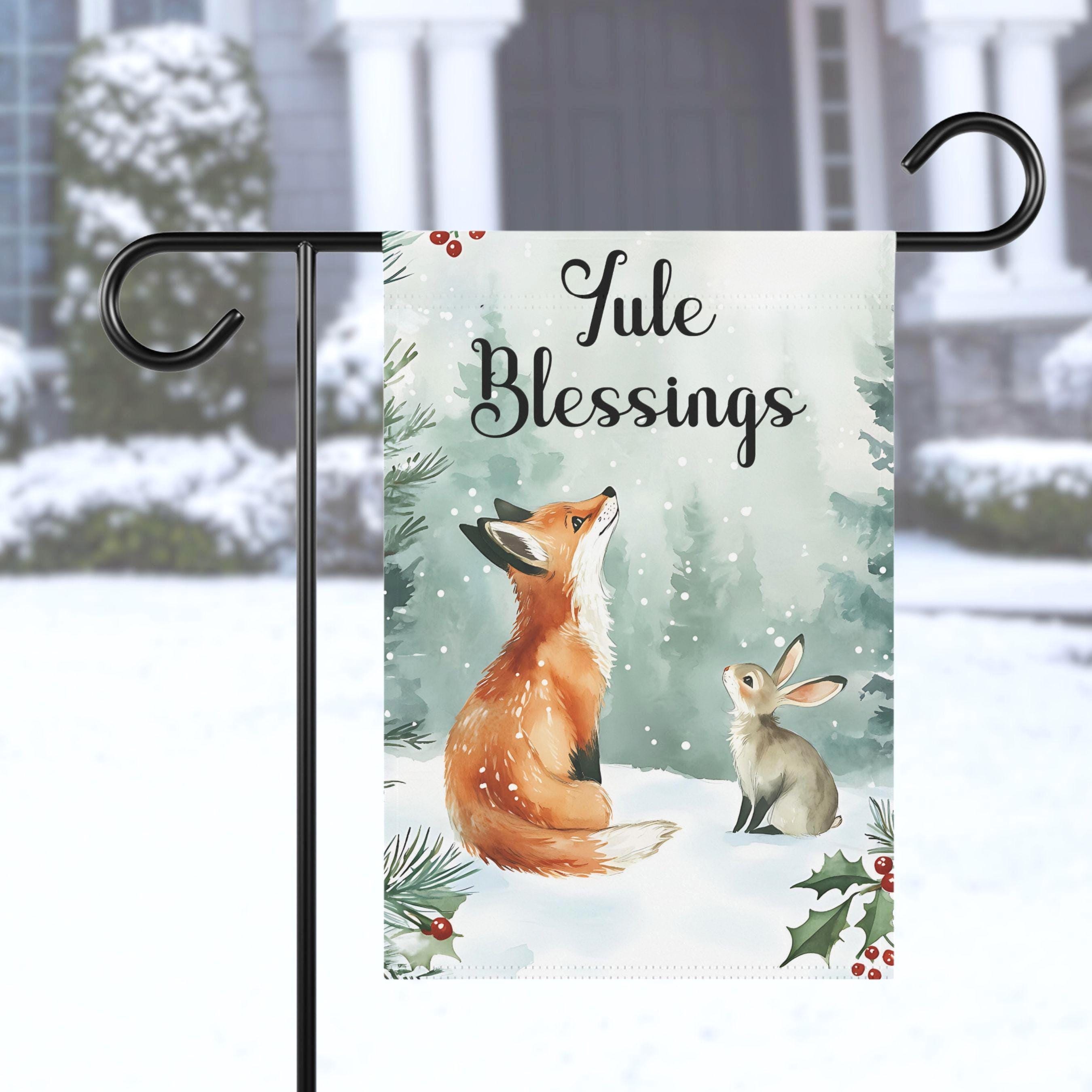 Yule Blessings Yard Flag, Fox and Rabbit House Banner, Winter Solstice Wheel of the Year Lawn Decoration, Pagan Garden Decor, Wiccan Gift