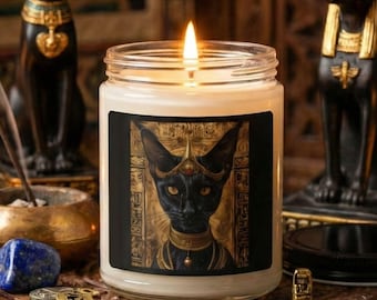 Bastet Vegan Soy Wax Candle, Witchcraft Supplies for Pagan Rituals and Protection Magic, Egyptian Cat Goddess Wicca Gift