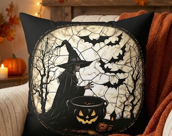 Witch with Cauldron Halloween Pillow, Gothic Wicked Decor, Spooky Living Room Cushion