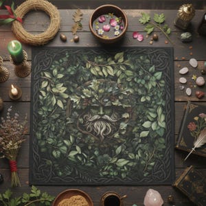 May include: A dark green and black square mat featuring a Green Man design surrounded by leaves and a Celtic knot border. The image includes candles, a wreath, a bowl of water with flowers, and other mystical items.