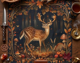 Mabon Altar Table Decor, Autumn Deer Sabbat Decor, Tarot Spread Cloth, Witchcraft Supplies for Fall Equinox Pagan Rituals, Wicca Gift