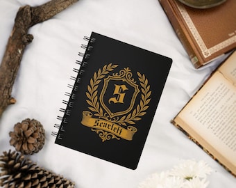 Personalized Gothic Spiral Notebook, Custom Monogram & Name Black Journal with Gold Crest, Gift for Writer
