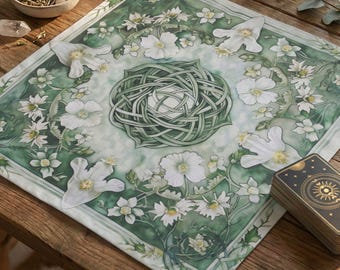 Imbolc Altar Cloth, White Flower Celtic Knot Design, Brigid Pagan Ritual Cloth, Wiccan Gift
