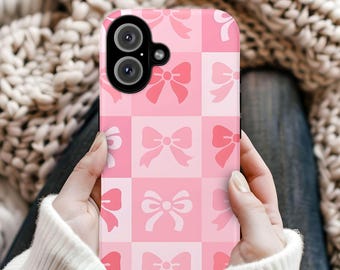 Pink Bow Checkered Tough Phone Case, Girly Protective Cover,  iPhone 17 16 15 14 13 12 11 Pro Max, Pixel, Magsafe